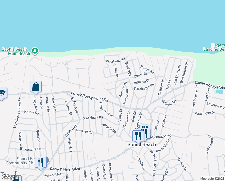 map of restaurants, bars, coffee shops, grocery stores, and more near 38 Montauk Road in Sound Beach