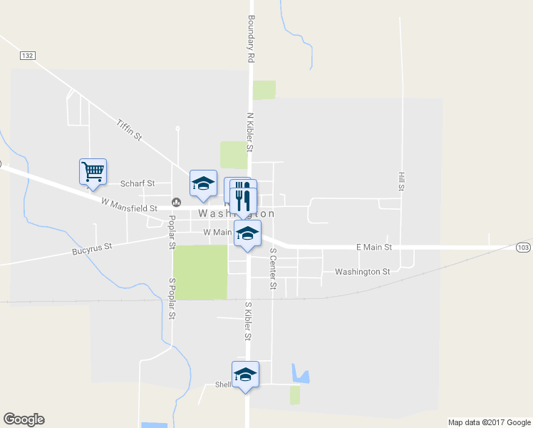 map of restaurants, bars, coffee shops, grocery stores, and more near 119 East Mansfield Street in New Washington