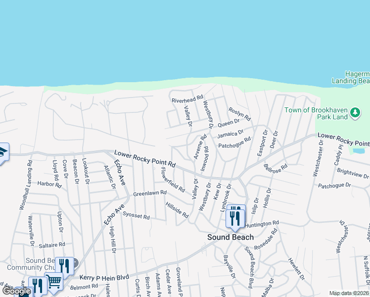 map of restaurants, bars, coffee shops, grocery stores, and more near 38 Montauk Road in Sound Beach
