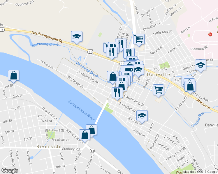 map of restaurants, bars, coffee shops, grocery stores, and more near 107 West Mahoning Street in Danville