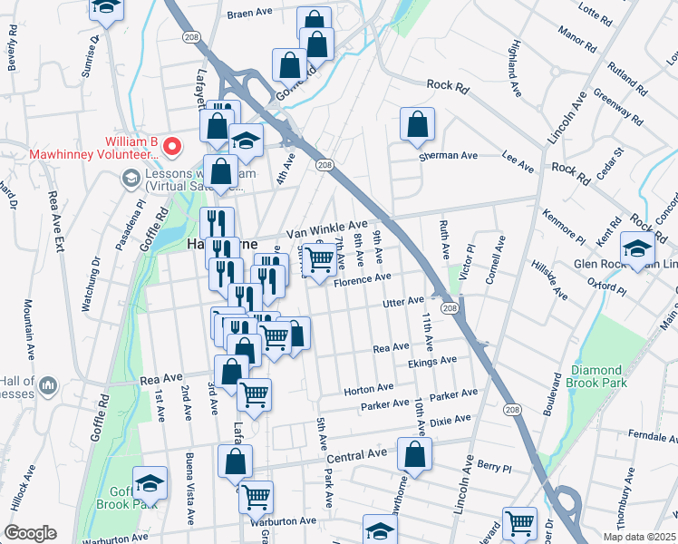 map of restaurants, bars, coffee shops, grocery stores, and more near 124 7th Avenue in Hawthorne