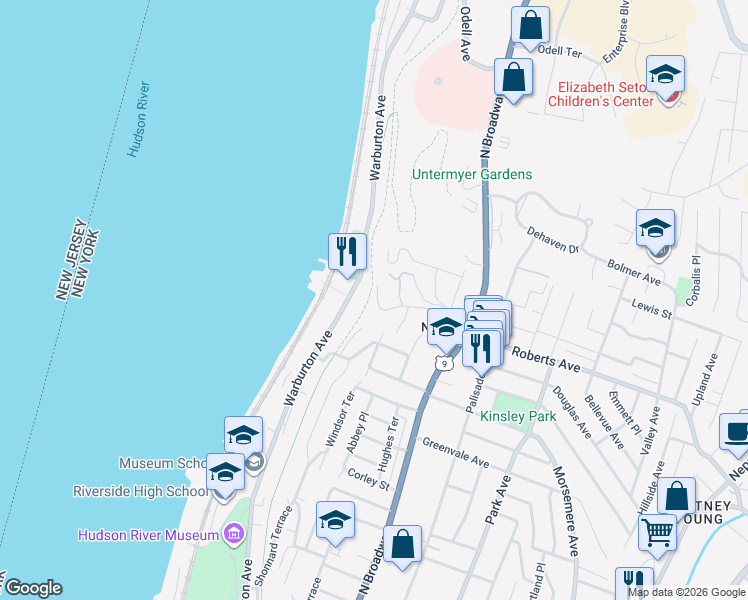 map of restaurants, bars, coffee shops, grocery stores, and more near 10 Robert Lane in Yonkers