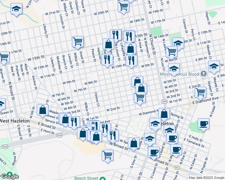 map of restaurants, bars, coffee shops, grocery stores, and more near 614 North James Street in Hazleton
