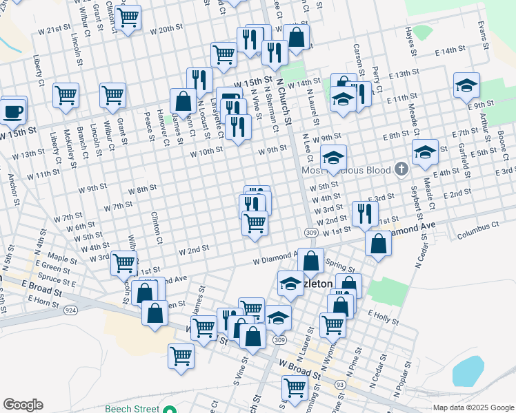 map of restaurants, bars, coffee shops, grocery stores, and more near 599 Alter Street in Hazleton