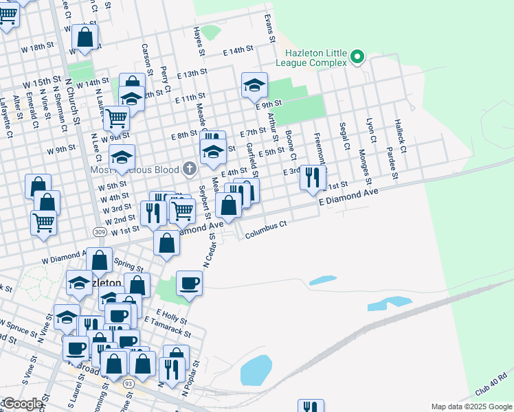 map of restaurants, bars, coffee shops, grocery stores, and more near 340 East 1st Street in Hazleton