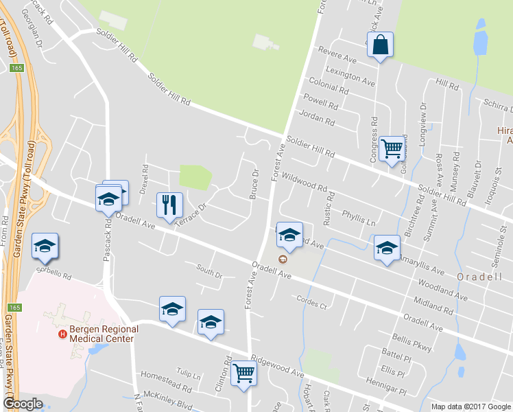 map of restaurants, bars, coffee shops, grocery stores, and more near 672 Bruce Drive in Paramus