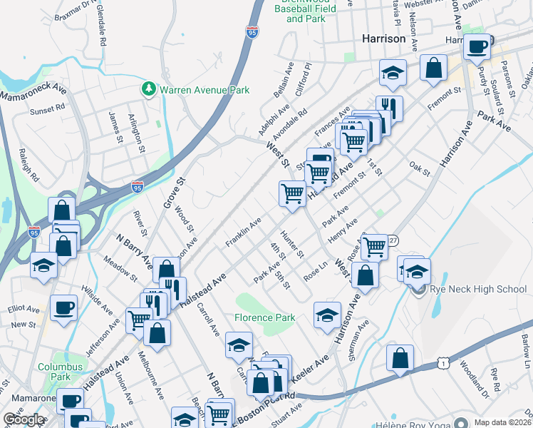 map of restaurants, bars, coffee shops, grocery stores, and more near 1414 Franklin Avenue in Mamaroneck