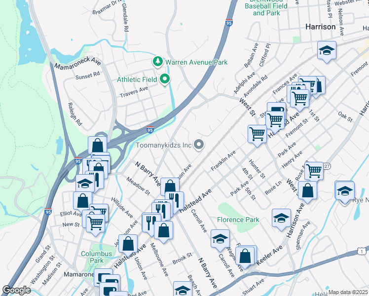 map of restaurants, bars, coffee shops, grocery stores, and more near 633 Wood Street in Mamaroneck
