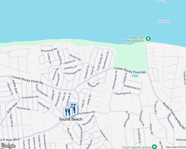 map of restaurants, bars, coffee shops, grocery stores, and more near 10 Deer Drive in Sound Beach