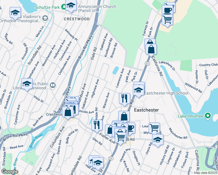 map of restaurants, bars, coffee shops, grocery stores, and more near 7 Stewart Avenue in Tuckahoe