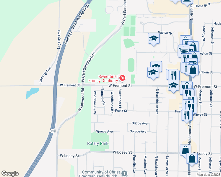 map of restaurants, bars, coffee shops, grocery stores, and more near 1627 Woodbine Circle North in Galesburg