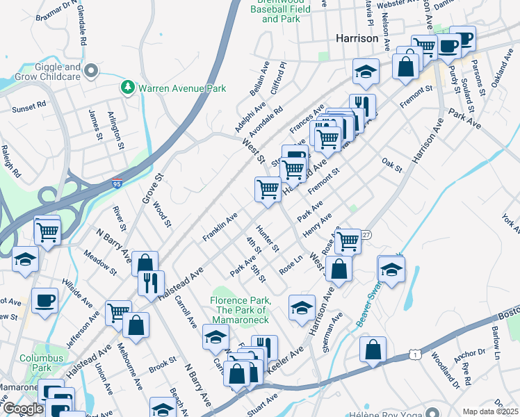 map of restaurants, bars, coffee shops, grocery stores, and more near 8 Halstead Avenue in Harrison