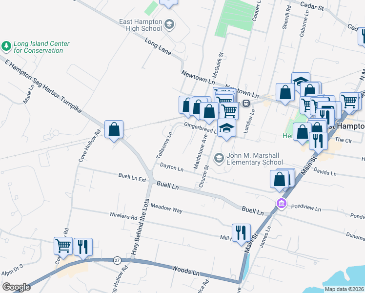 map of restaurants, bars, coffee shops, grocery stores, and more near 43 Gingerbread Lane in East Hampton