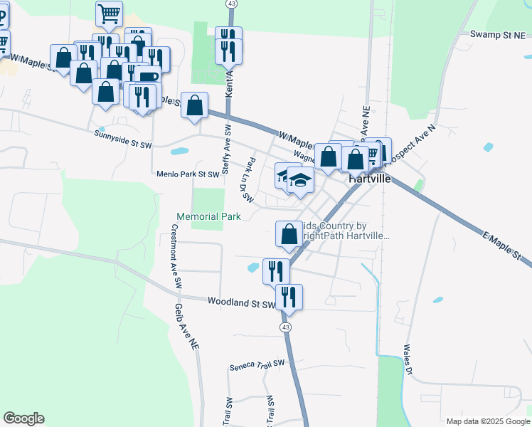 map of restaurants, bars, coffee shops, grocery stores, and more near 320 Lincoln Street Southwest in Hartville