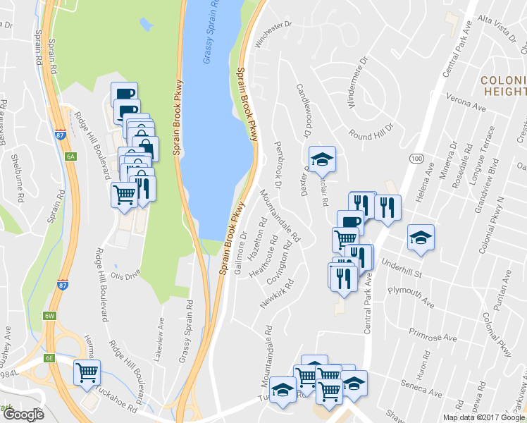 map of restaurants, bars, coffee shops, grocery stores, and more near 65 Hazelton Road in Yonkers