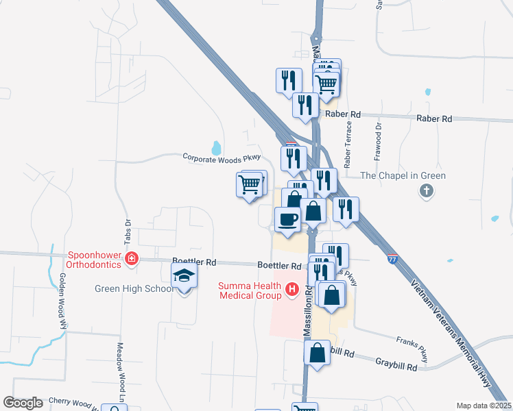 map of restaurants, bars, coffee shops, grocery stores, and more near 1700 Corporate Woods Parkway in Uniontown
