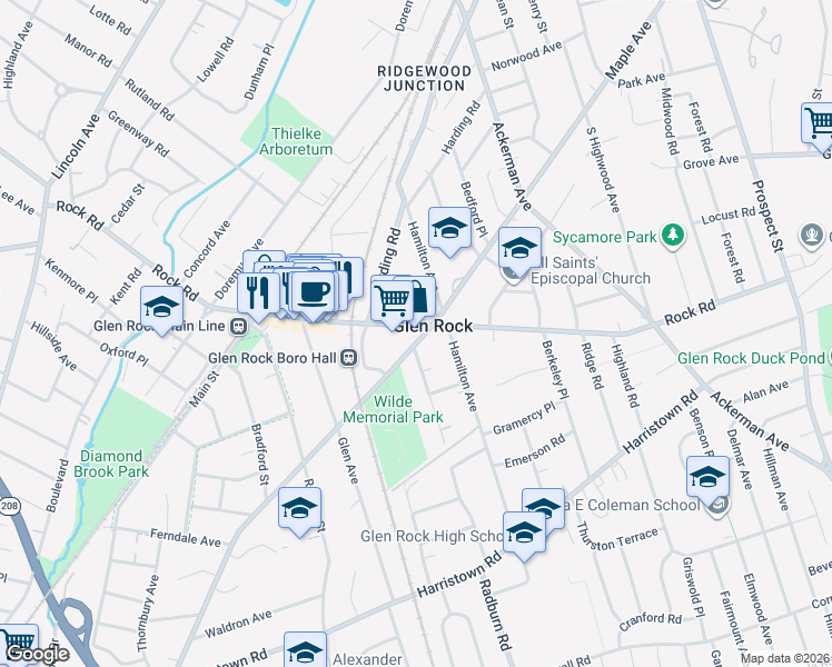 map of restaurants, bars, coffee shops, grocery stores, and more near 650 Maple Avenue in Glen Rock