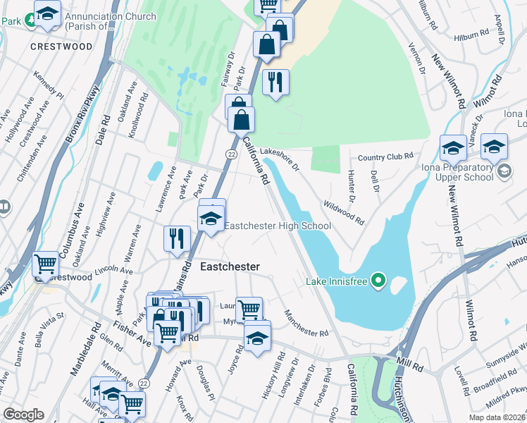 map of restaurants, bars, coffee shops, grocery stores, and more near 44 Water Street in Eastchester
