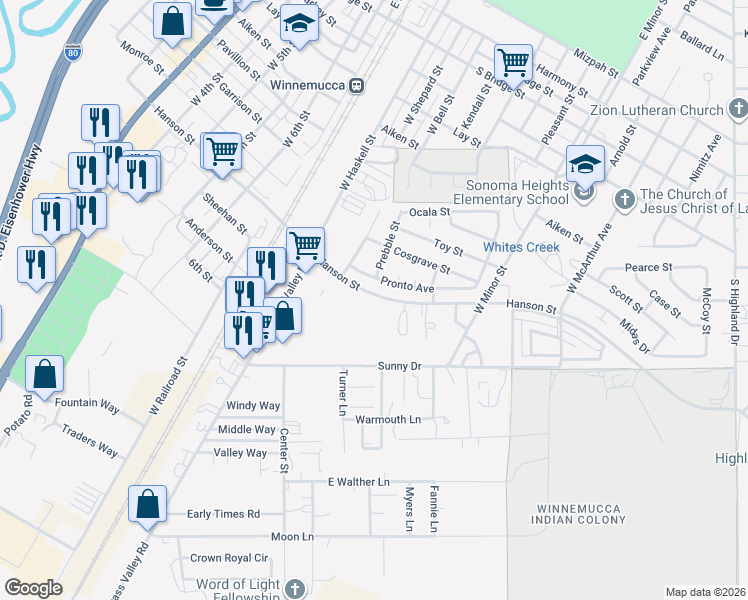map of restaurants, bars, coffee shops, grocery stores, and more near 1100 Hanson Street in Winnemucca