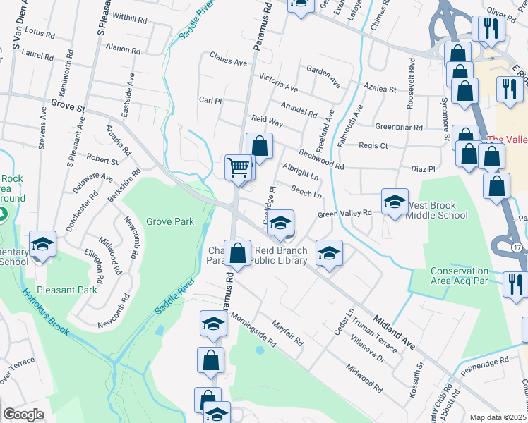 map of restaurants, bars, coffee shops, grocery stores, and more near 539 Coolidge Place in Paramus