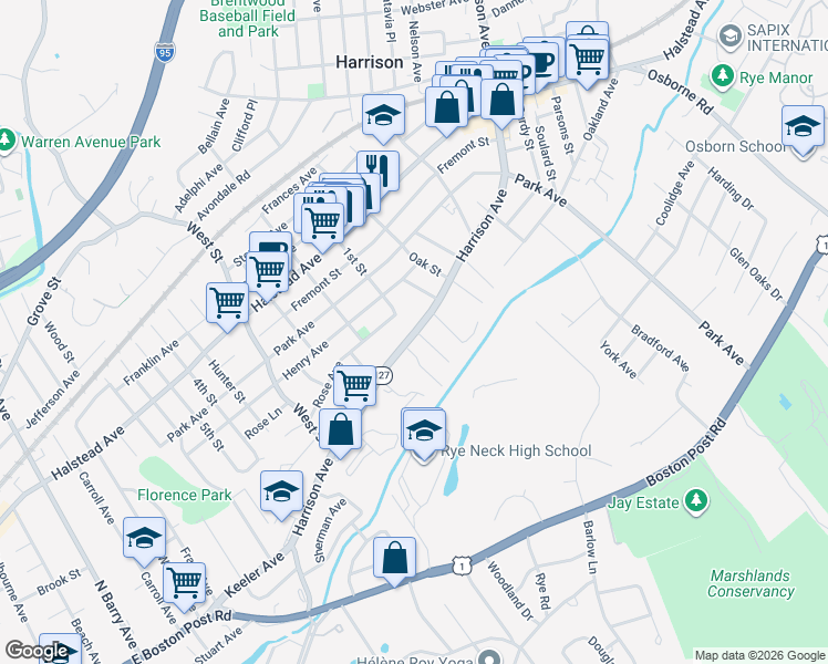 map of restaurants, bars, coffee shops, grocery stores, and more near 50 Harrison Avenue in Harrison