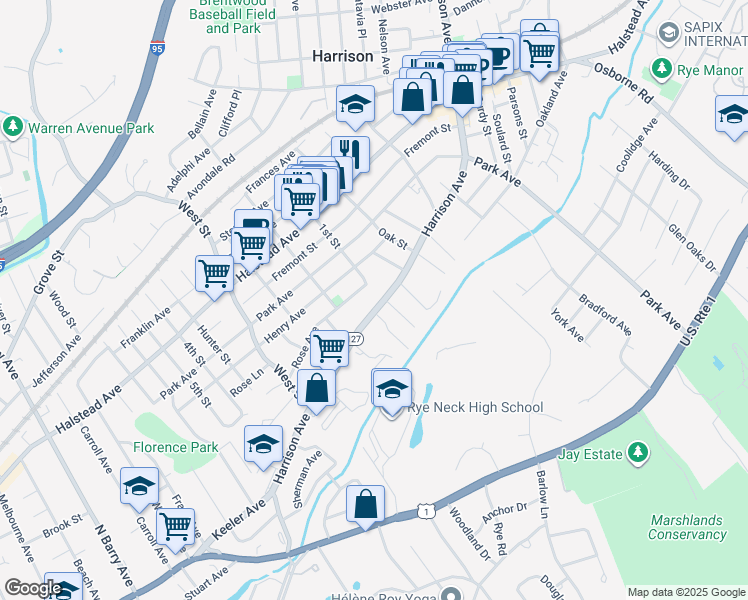 map of restaurants, bars, coffee shops, grocery stores, and more near 50 Harrison Avenue in Harrison