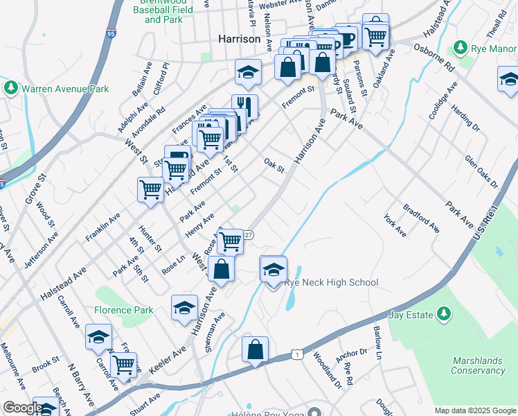 map of restaurants, bars, coffee shops, grocery stores, and more near 50 Harrison Avenue in Harrison