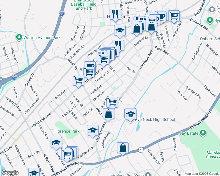 map of restaurants, bars, coffee shops, grocery stores, and more near 64A Henry Avenue in Harrison