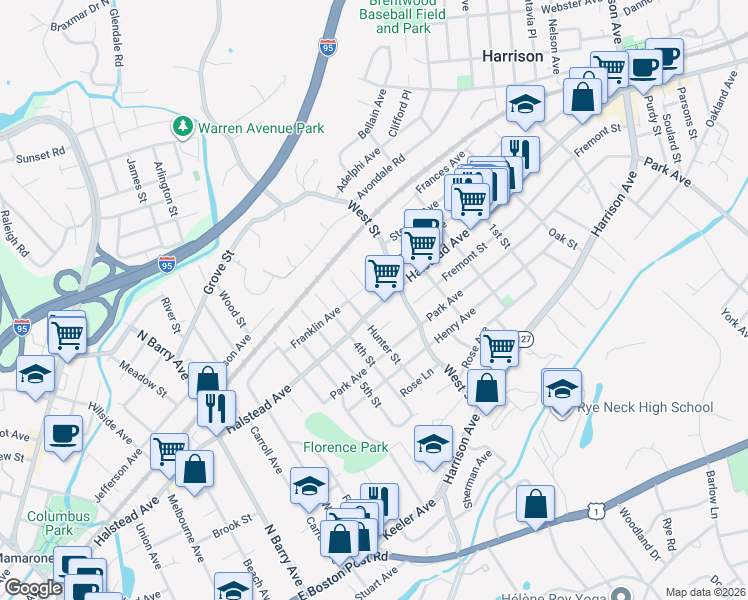 map of restaurants, bars, coffee shops, grocery stores, and more near 8 Halstead Avenue in Harrison