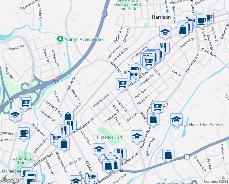 map of restaurants, bars, coffee shops, grocery stores, and more near 8 Halstead Avenue in Harrison