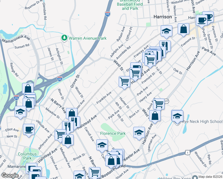 map of restaurants, bars, coffee shops, grocery stores, and more near 1414 Franklin Avenue in Mamaroneck