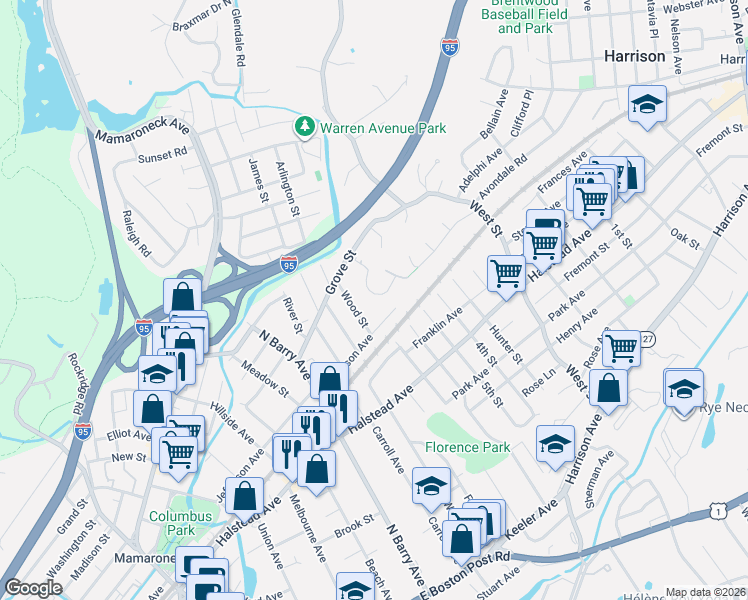 map of restaurants, bars, coffee shops, grocery stores, and more near 633 Wood Street in Mamaroneck