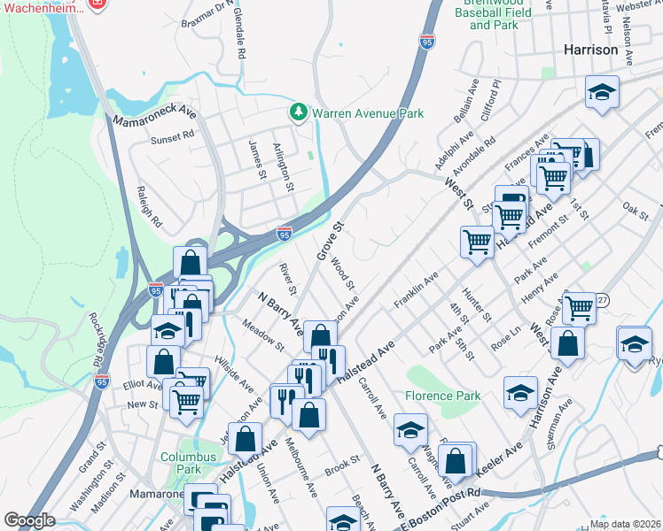 map of restaurants, bars, coffee shops, grocery stores, and more near 633 Wood Street in Mamaroneck