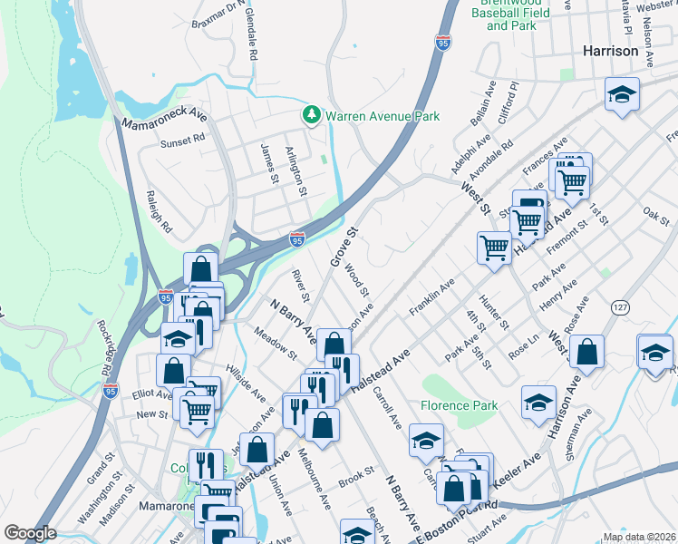 map of restaurants, bars, coffee shops, grocery stores, and more near 900 Grove Street in Mamaroneck