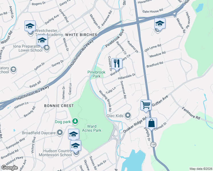 map of restaurants, bars, coffee shops, grocery stores, and more near 142 Hillandale Drive in New Rochelle
