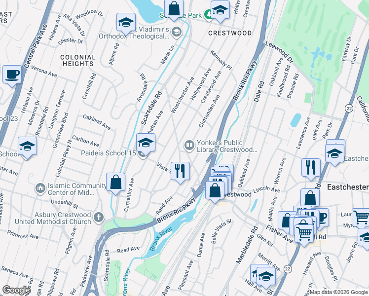 map of restaurants, bars, coffee shops, grocery stores, and more near 195 Pennsylvania Avenue in Yonkers
