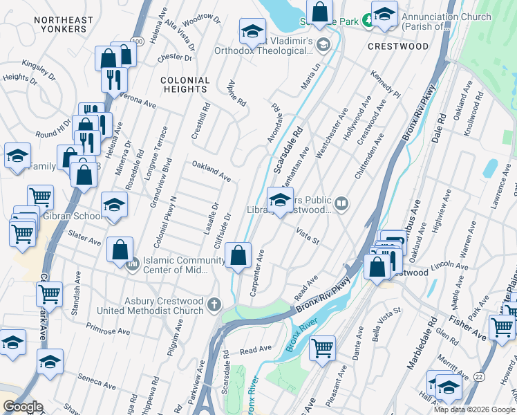 map of restaurants, bars, coffee shops, grocery stores, and more near 325 Scarsdale Road in Yonkers