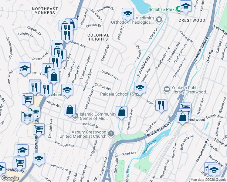 map of restaurants, bars, coffee shops, grocery stores, and more near 133 Lasalle Drive in Yonkers