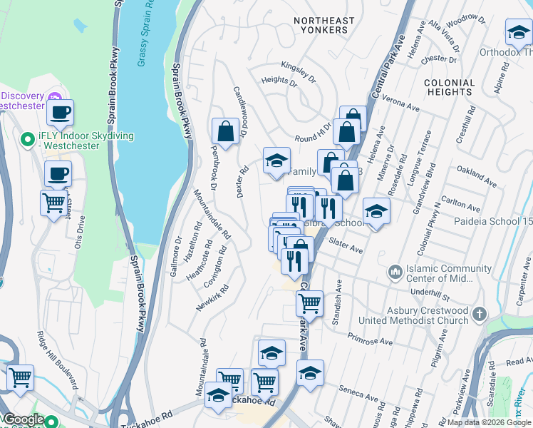map of restaurants, bars, coffee shops, grocery stores, and more near 43 Montclair Road in Yonkers