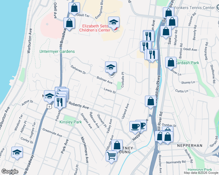 map of restaurants, bars, coffee shops, grocery stores, and more near 39 Lewis Street in Yonkers