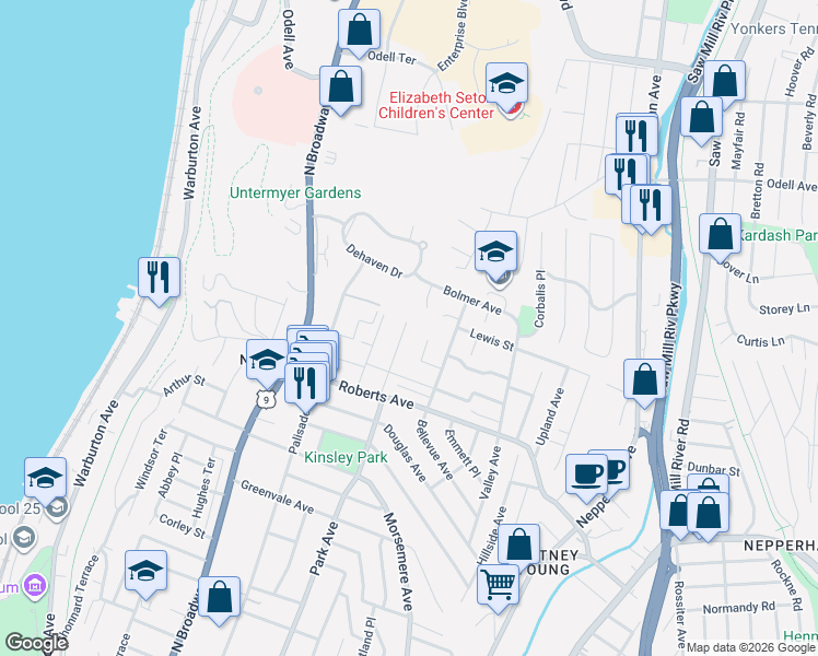 map of restaurants, bars, coffee shops, grocery stores, and more near 57 Autumn Circle in Yonkers