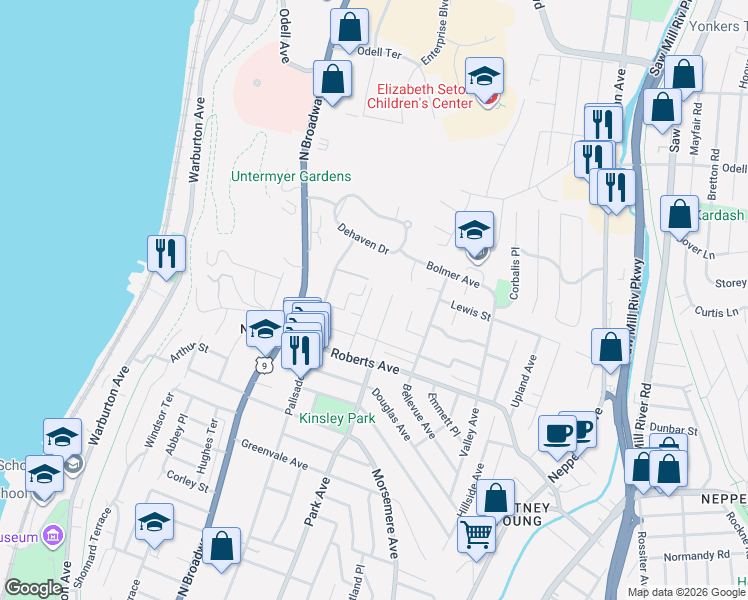 map of restaurants, bars, coffee shops, grocery stores, and more near 632 Park Avenue in Yonkers