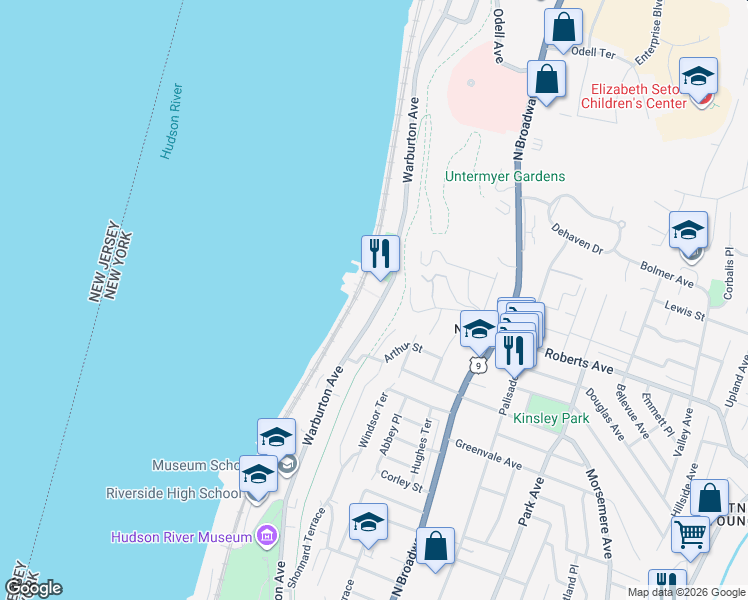 map of restaurants, bars, coffee shops, grocery stores, and more near in Yonkers