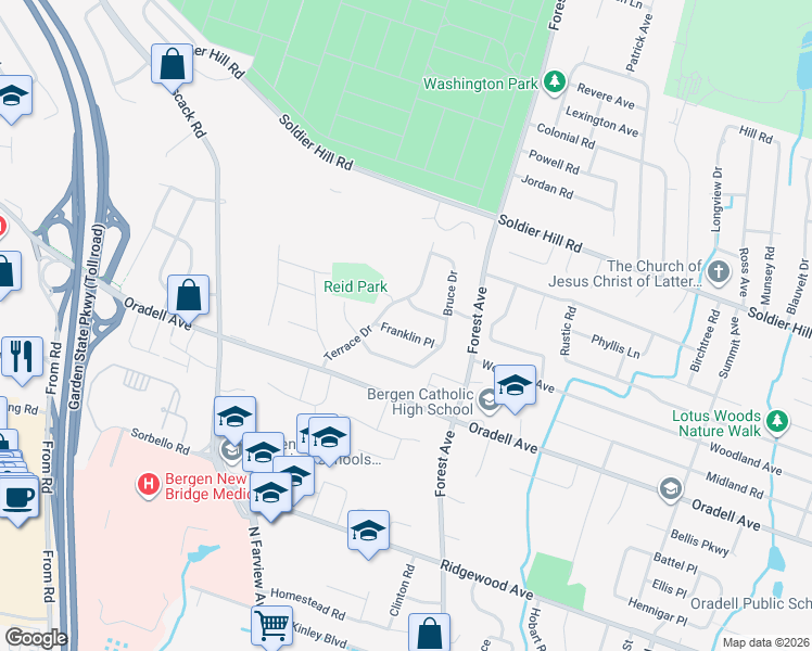 map of restaurants, bars, coffee shops, grocery stores, and more near 329 Franklin Place in Paramus