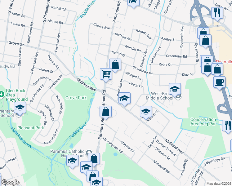 map of restaurants, bars, coffee shops, grocery stores, and more near 539 Coolidge Place in Paramus