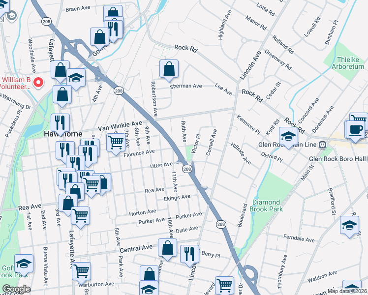 map of restaurants, bars, coffee shops, grocery stores, and more near 334 Florence Avenue in Hawthorne