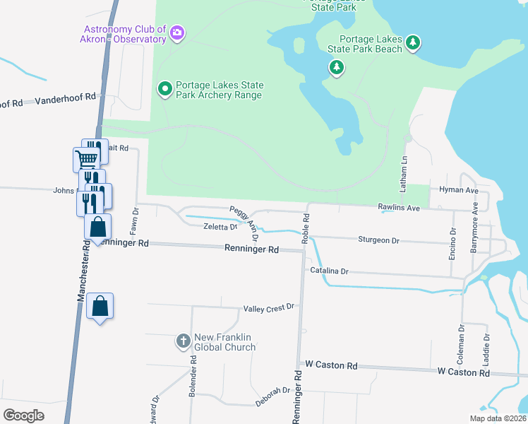 map of restaurants, bars, coffee shops, grocery stores, and more near 702 Zeletta Drive in Akron