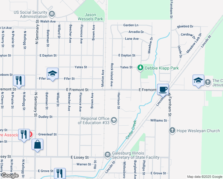 map of restaurants, bars, coffee shops, grocery stores, and more near 1054 E Fremont St in Galesburg
