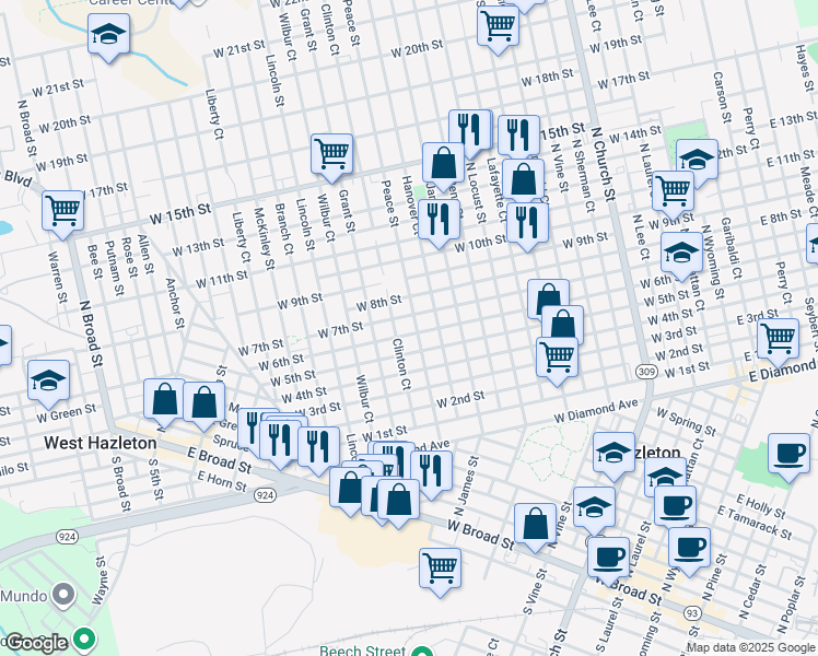 map of restaurants, bars, coffee shops, grocery stores, and more near 719W W 6th St in Hazleton
