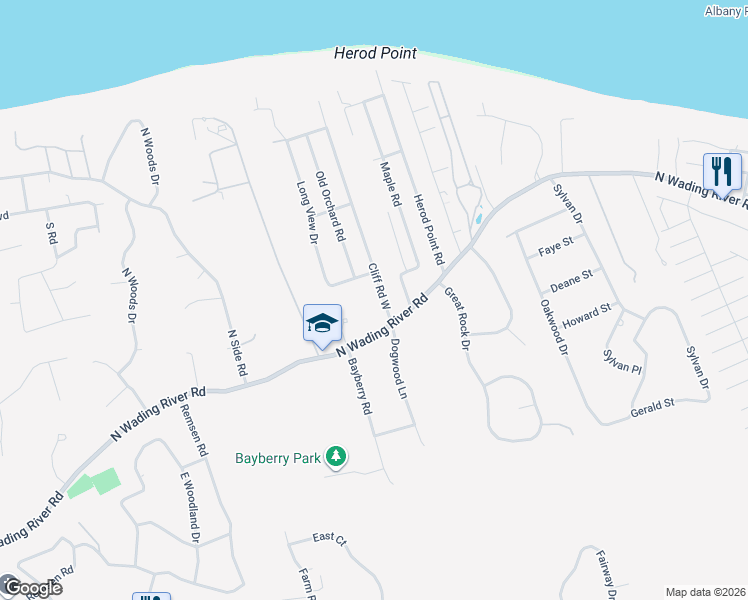 map of restaurants, bars, coffee shops, grocery stores, and more near 16 Cliff Road West in Wading River